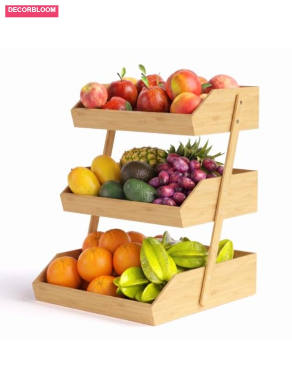 3 Tier Bamboo Fruit Basket with Slatted Ventilation, Kitchen Counter Organizer